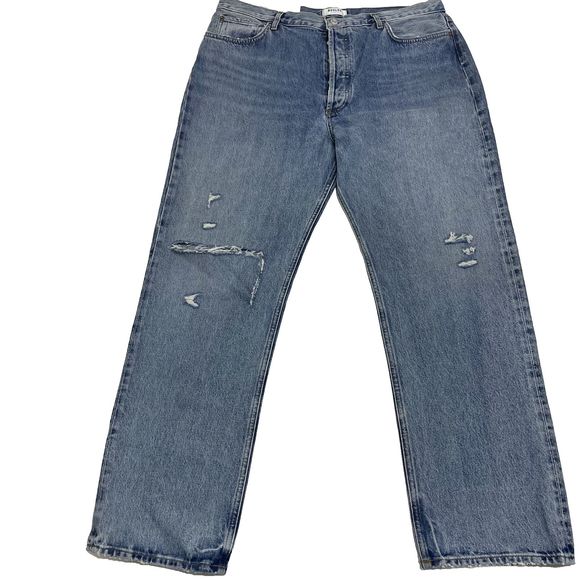 AGOLDE 90s Pinch Waist Distressed High Rise Straight Leg Jeans US 34 NWT - Picture 1 of 16